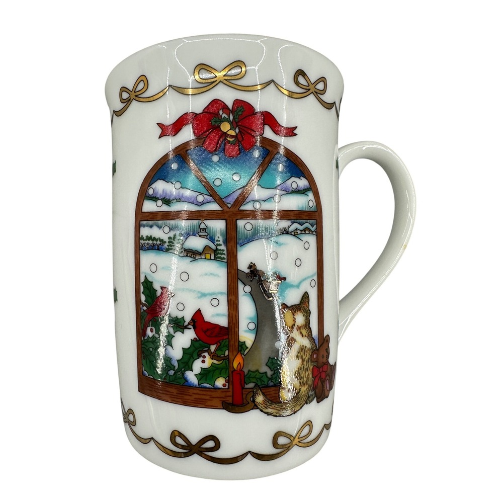 Vintage Otagiri Japan Christmas Mug Cindy Sugawara Winter Window Cat Cardinals